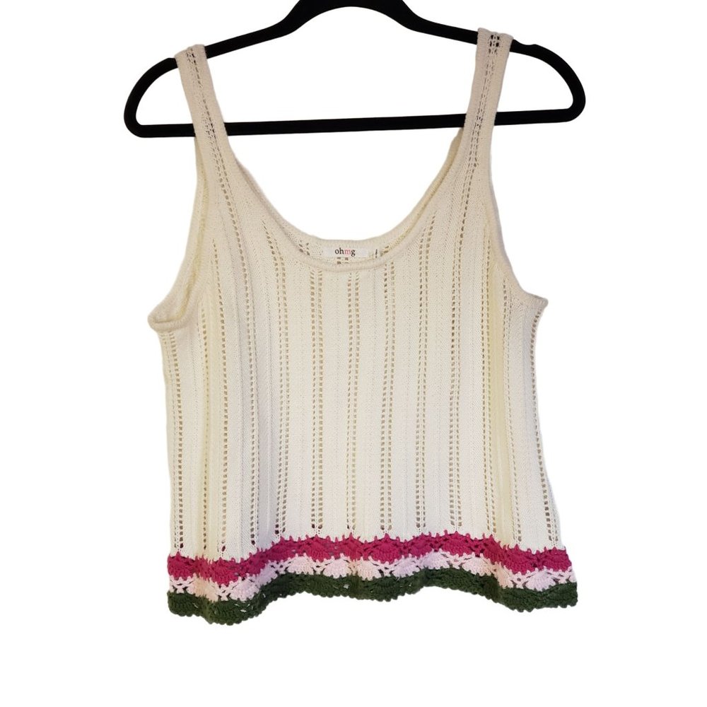 Boho Crochet Tank Size Medium CROPPED‎ CREAM PINK GREEN